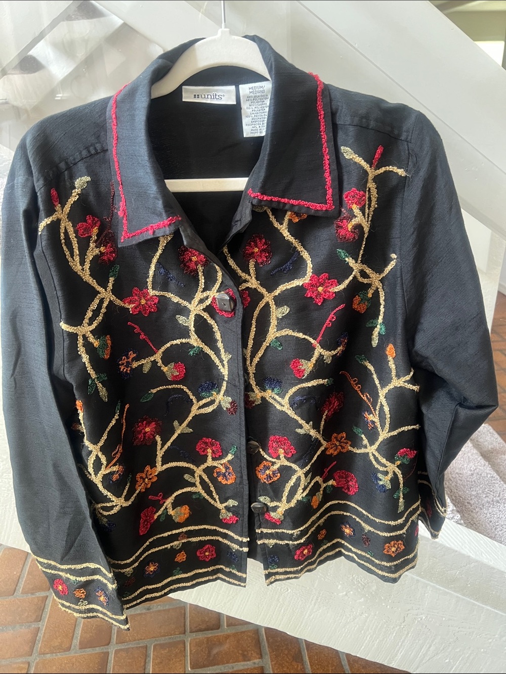 Vintage Black Jacket with Gold and Red Floral Embroidery M